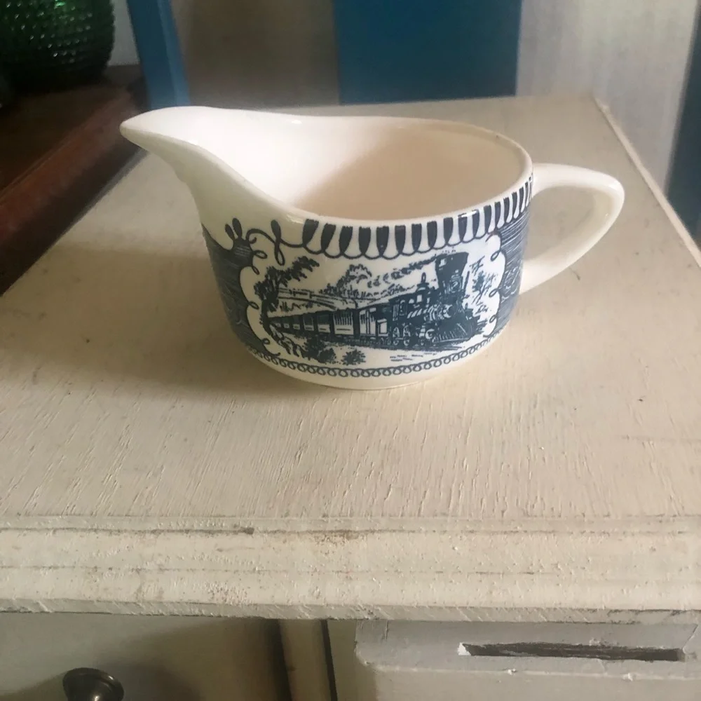 Vintage Blue & White Creamer Pitcher TRAIN Transferware Currier & Ives